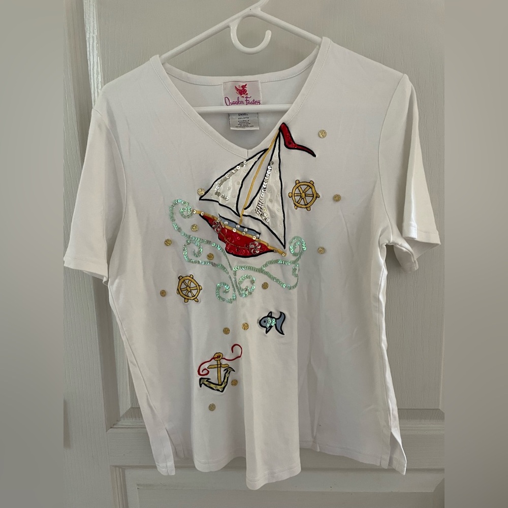 Quacker Factory White Tee with Nautical Embroidery